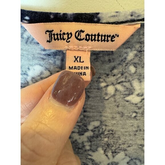 Juicy Couture Dress Women XL Blue White Floral Print Faux Wrap Midi Retro Boho‎ - Picture 10 of 11